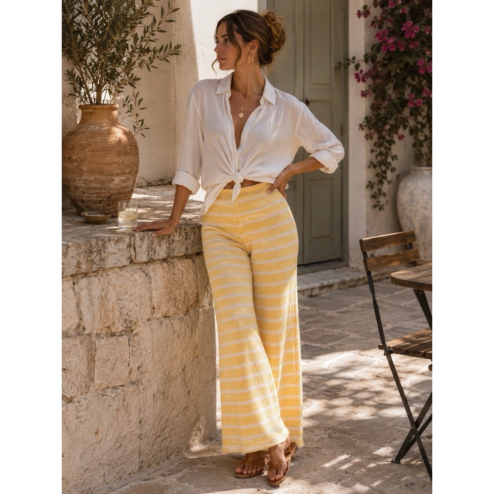 ZARA Women Pants Wide Leg LARGE Striped Knit Flare Coverup Yellow White 1165/007
